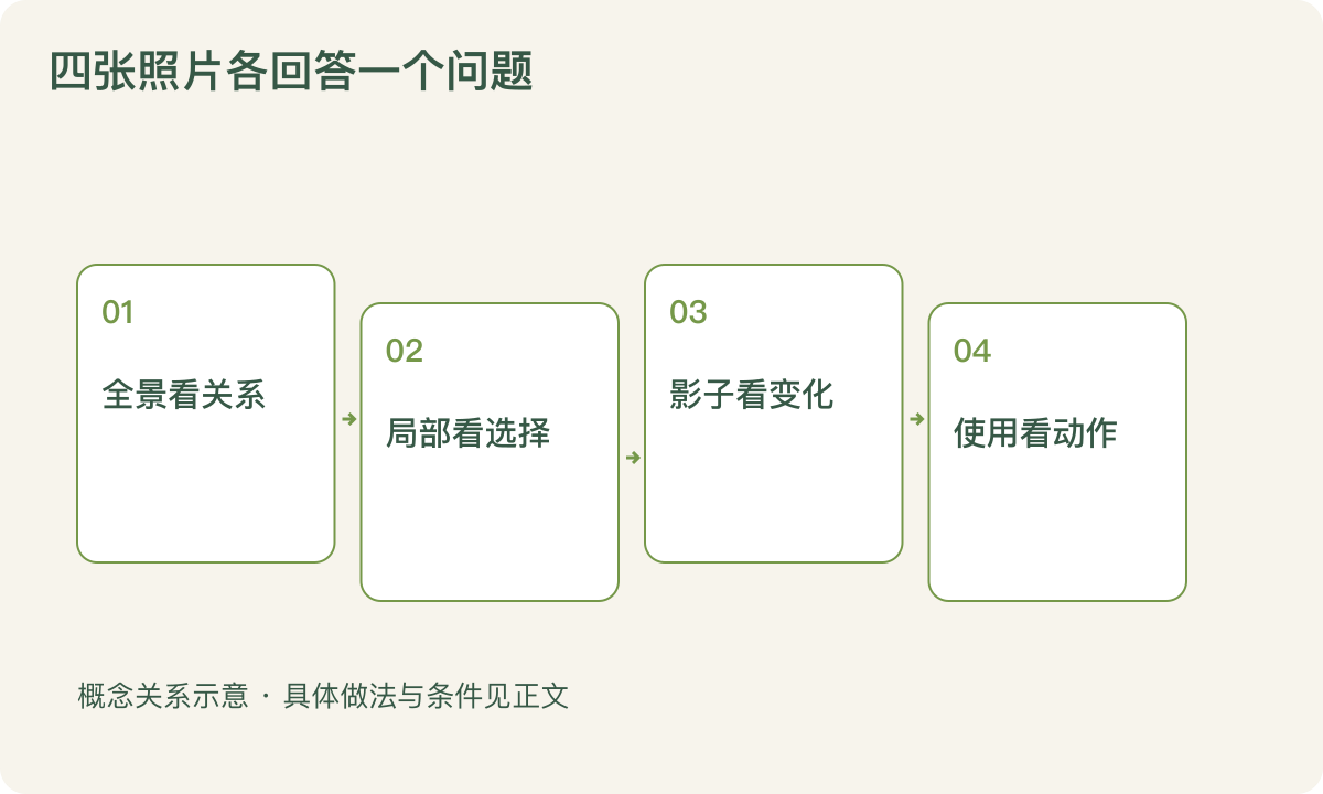 四张照片各回答一个问题:全景看关系;局部看选择;影子看变化;使用看动作
