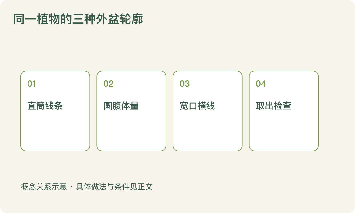 同一植物的三种外盆轮廓：直筒线条；圆腹体量；宽口横线；取出检查