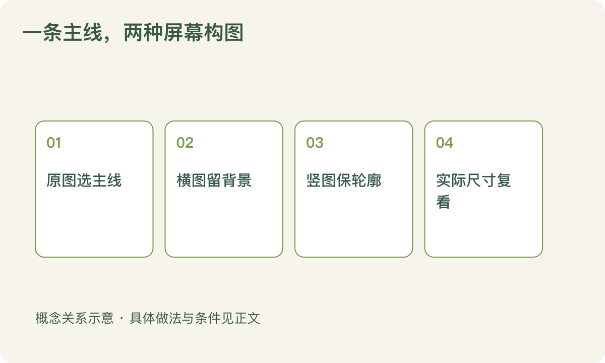 一条主线，两种屏幕构图：原图选主线；横图留背景；竖图保轮廓；实际尺寸复看