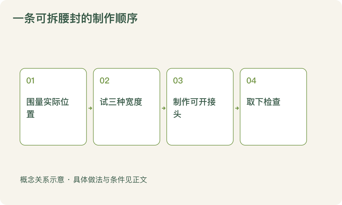 一条可拆腰封的制作顺序:围量实际位置;试三种宽度;制作可开接头;取下检查