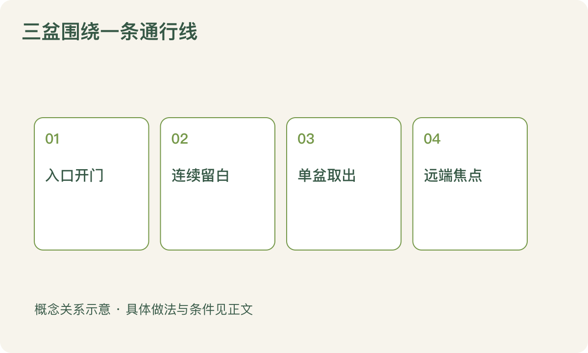 三盆围绕一条通行线:入口开门;连续留白;单盆取出;远端焦点